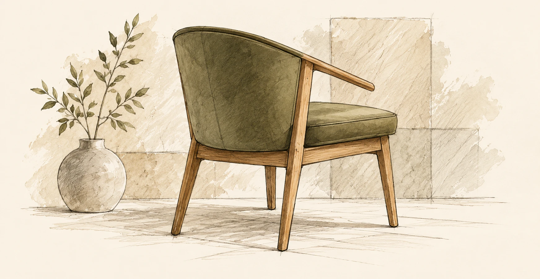 Watercolour concept illustration of a chair and botanicals